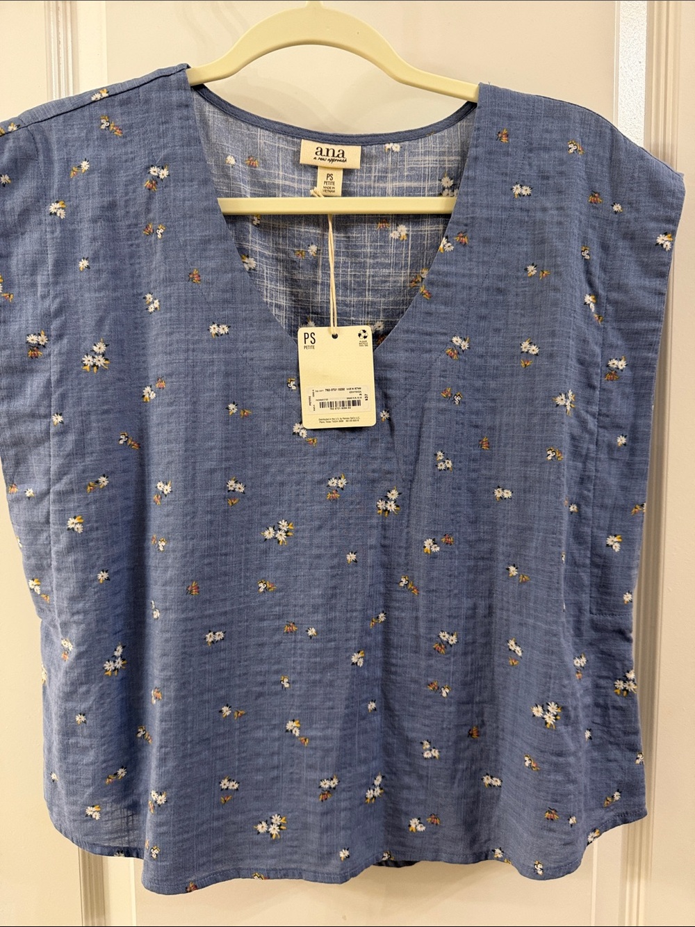 a.n.a Blue Chambray Floral Scoop Neck Blouse
